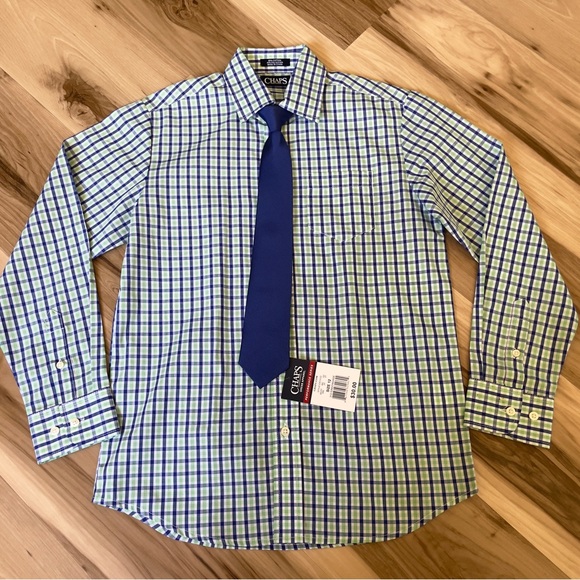 Chaps Other - Chaps NEW Button Down Dress Shirt with Clip Tie Blue Green Plaid Size 12…
